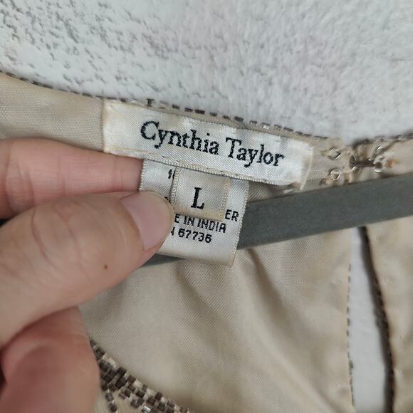 Vintage Cynthia Taylor Silk Beaded Top Womens Large Champagne Grid Pattern FLAW - Picture 8 of 10